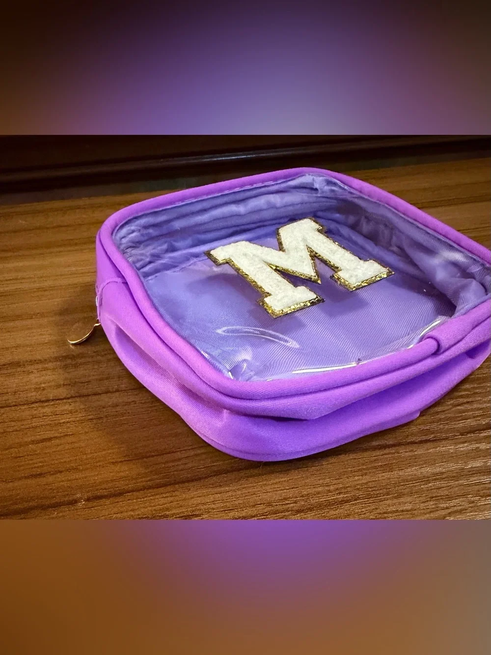 Preppy Clear Makeup Bag Initial M Purple Nylon Toiletry Pouch Travel Mini New